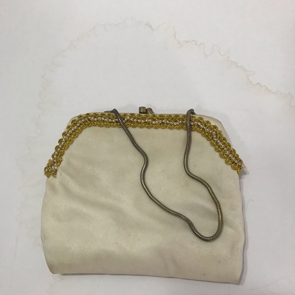 Vintage White Purse with chain strap gold brocade trim with pearls BA